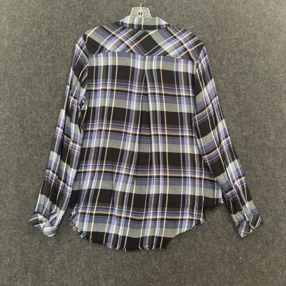 Cloth & Stone Shirt Womens Medium Purple Plaid Button Up Fringe Hem Rayon Casual - Picture 6 of 7
